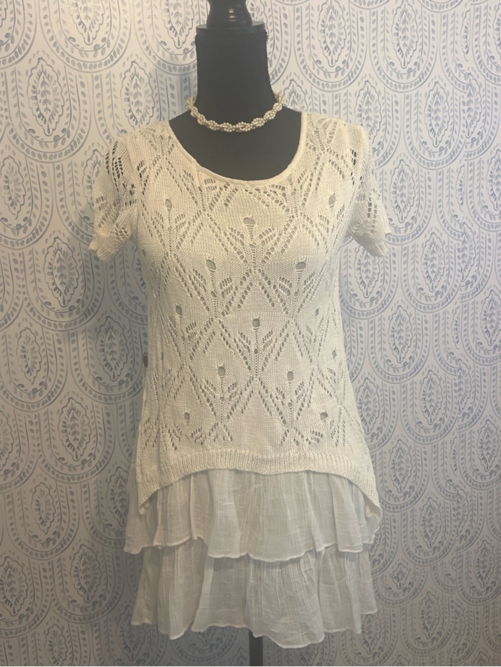 Entro Size S Women’s Crochet Knit Layered Short Sleeve Dress Graduation wedding